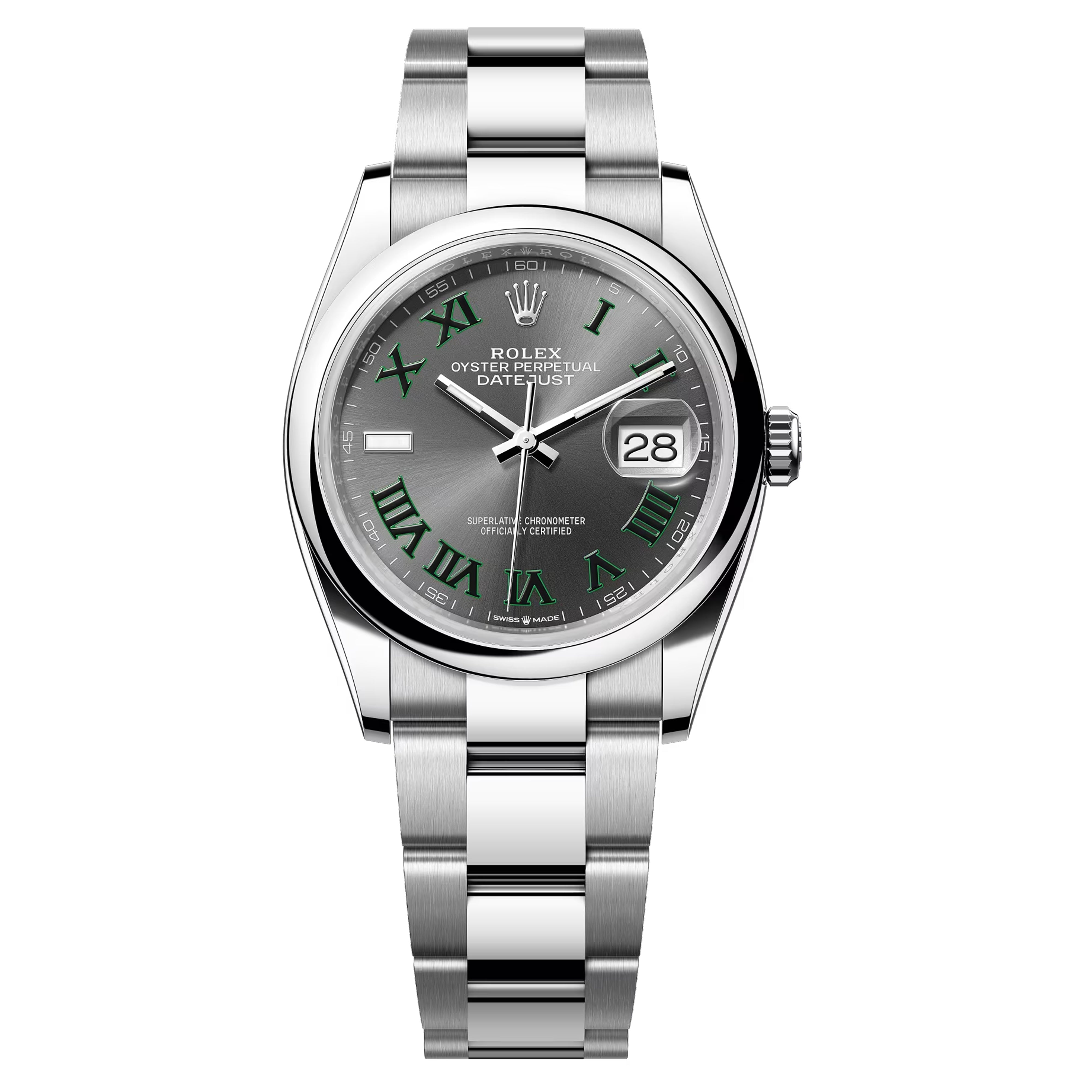 Rolex Datejust 36mm Unworn Wimbledon Grey With Green Roman Numerals 126200-0018 Oyster