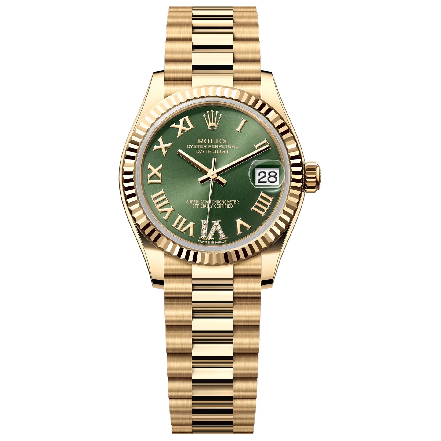 rolex datejust 31mm 18k green 6 diamond 2025 president full yellow gold 278278-0030