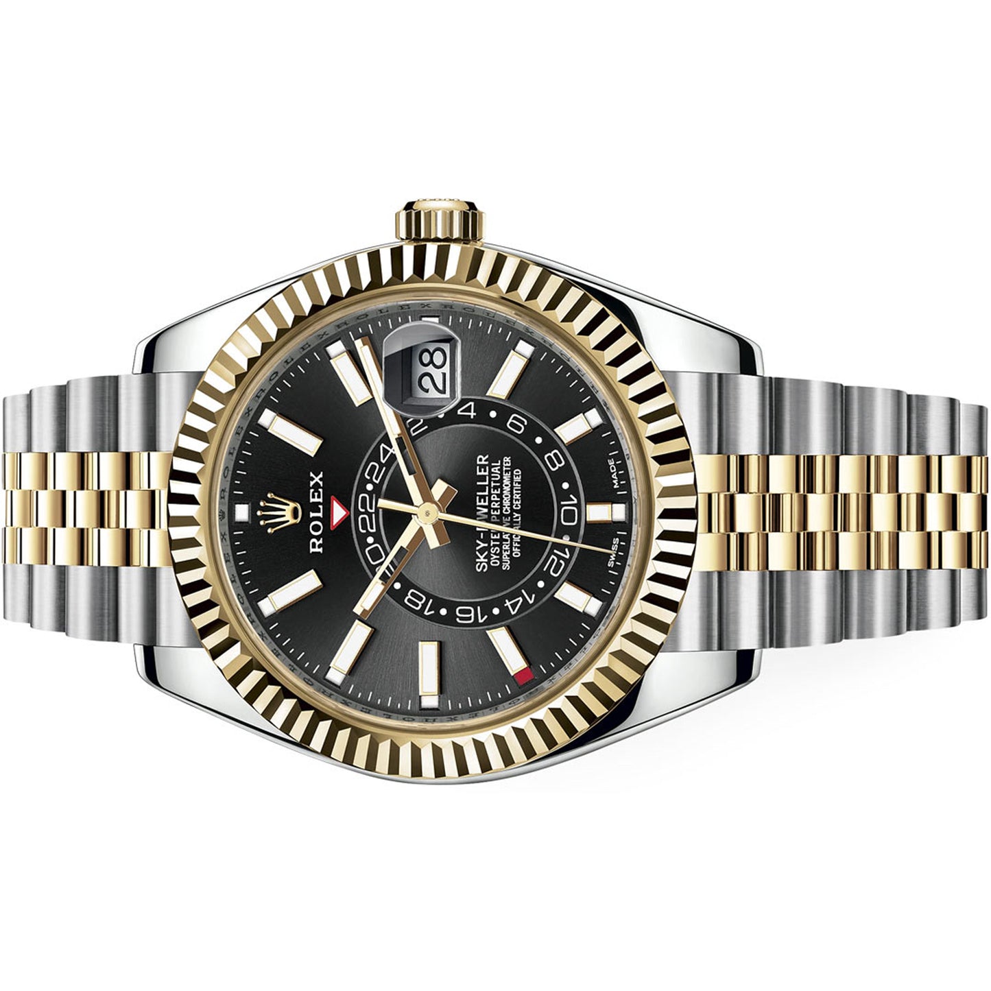 rolex 326933-0005 yellow gold sky-dweller, black dial, jubilee bracelet pre-owned - luxury address watches