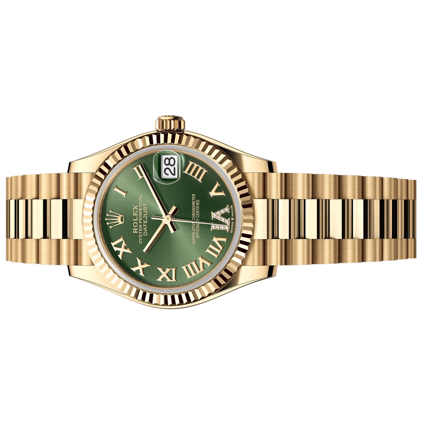rolex datejust 31mm 18k green 6 diamond 2025 president full yellow gold 278278-0030