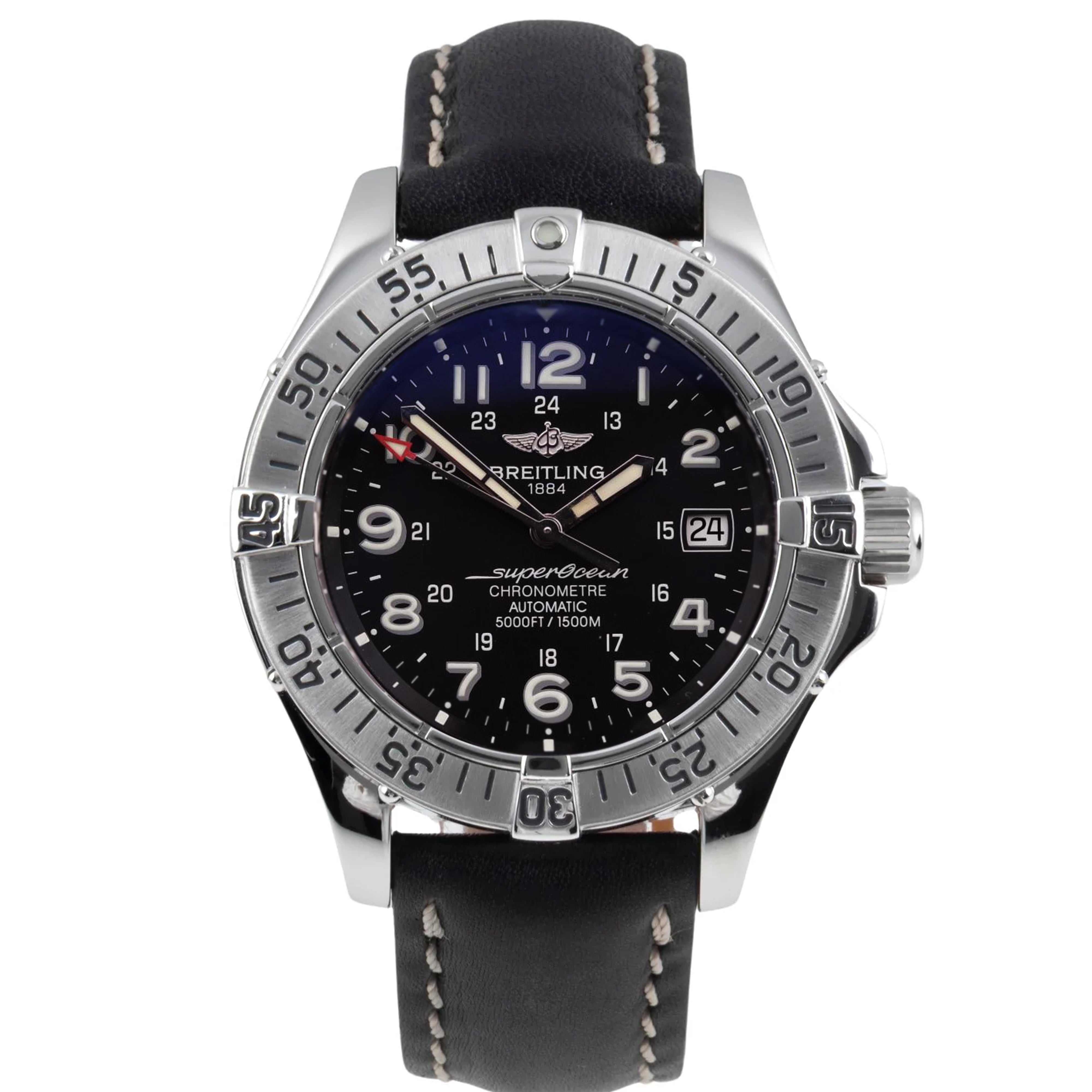 Breitling Superocean Black Dial Stainless Steel Black leather Strap A17360 Pre-Owned