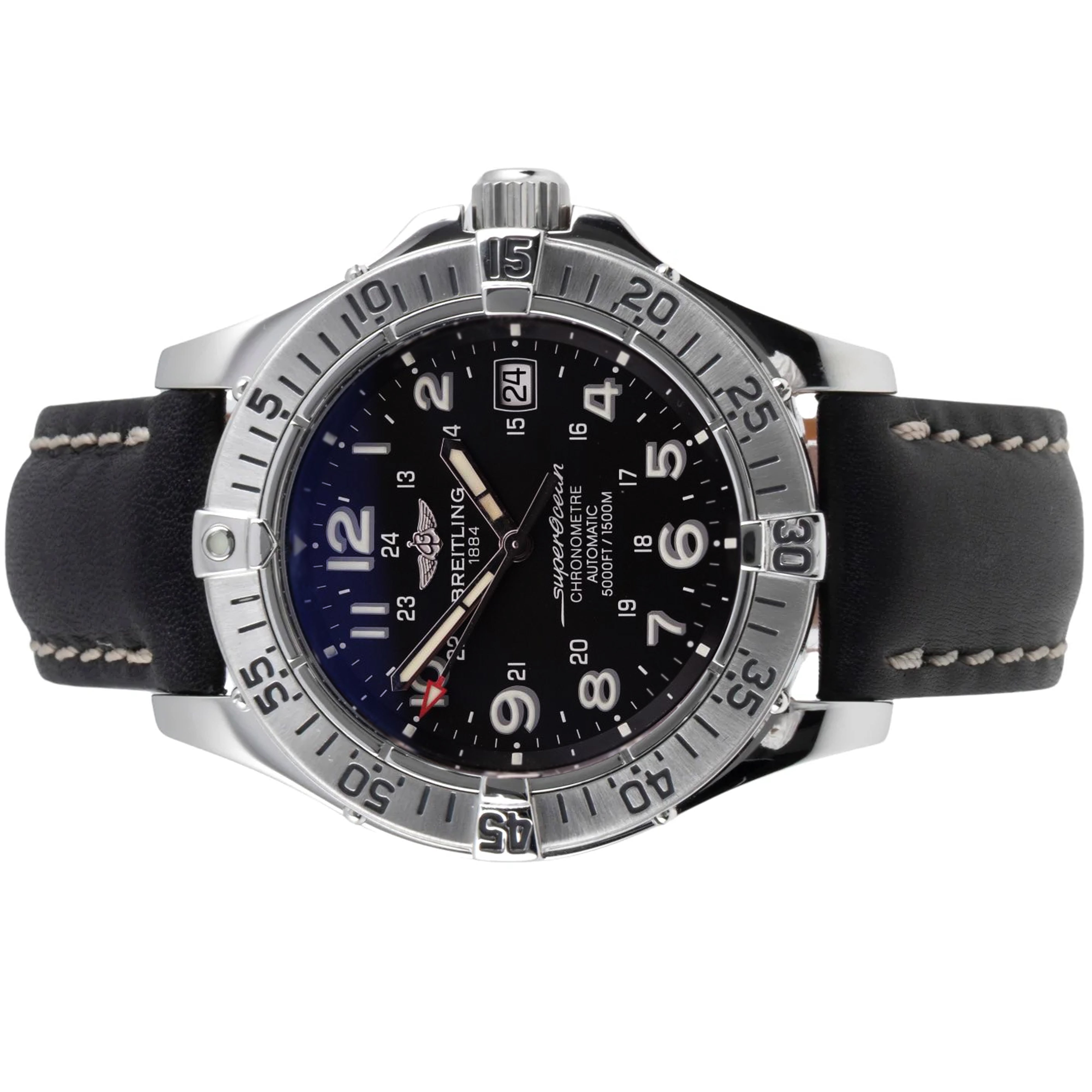 Breitling Superocean Black Dial Stainless Steel Black leather Strap A17360 Pre-Owned