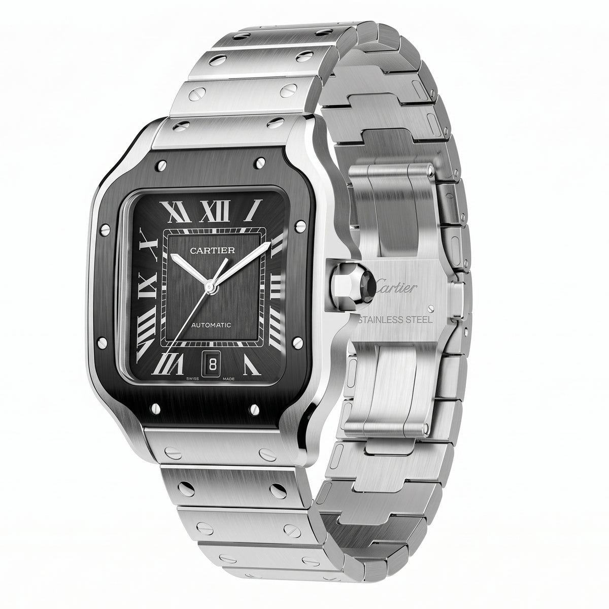Santos de Cartier Grey Roman Numerals Large ADLC WSSA0037 Preowned