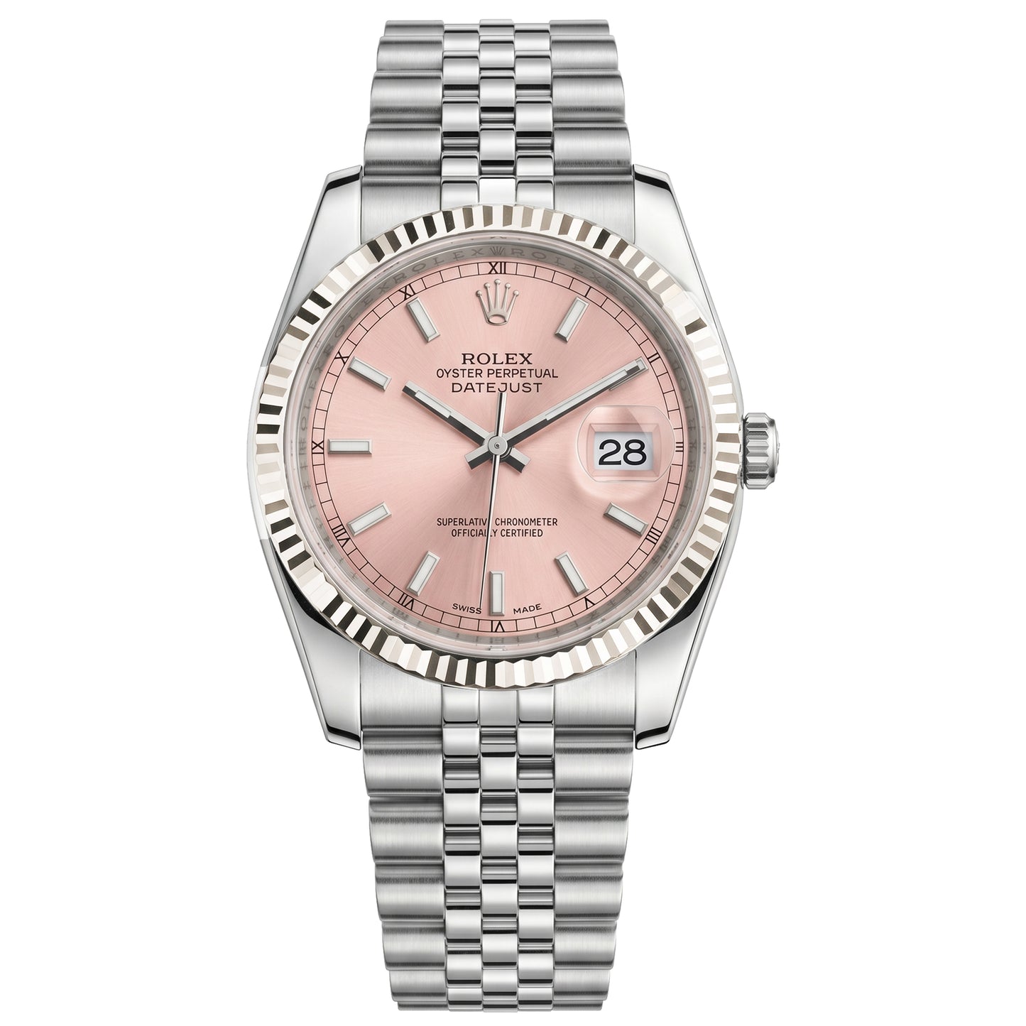 rolex datejust 36mm pink index jubilee white gold bezel 116234 preowned