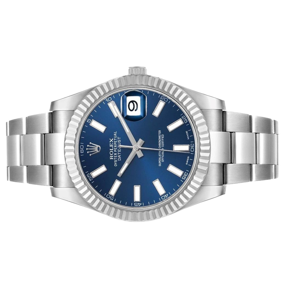 Rolex Datejust 41mm Blue Index Fluted Bezel Oyster Steel 116334 Pre-Owned