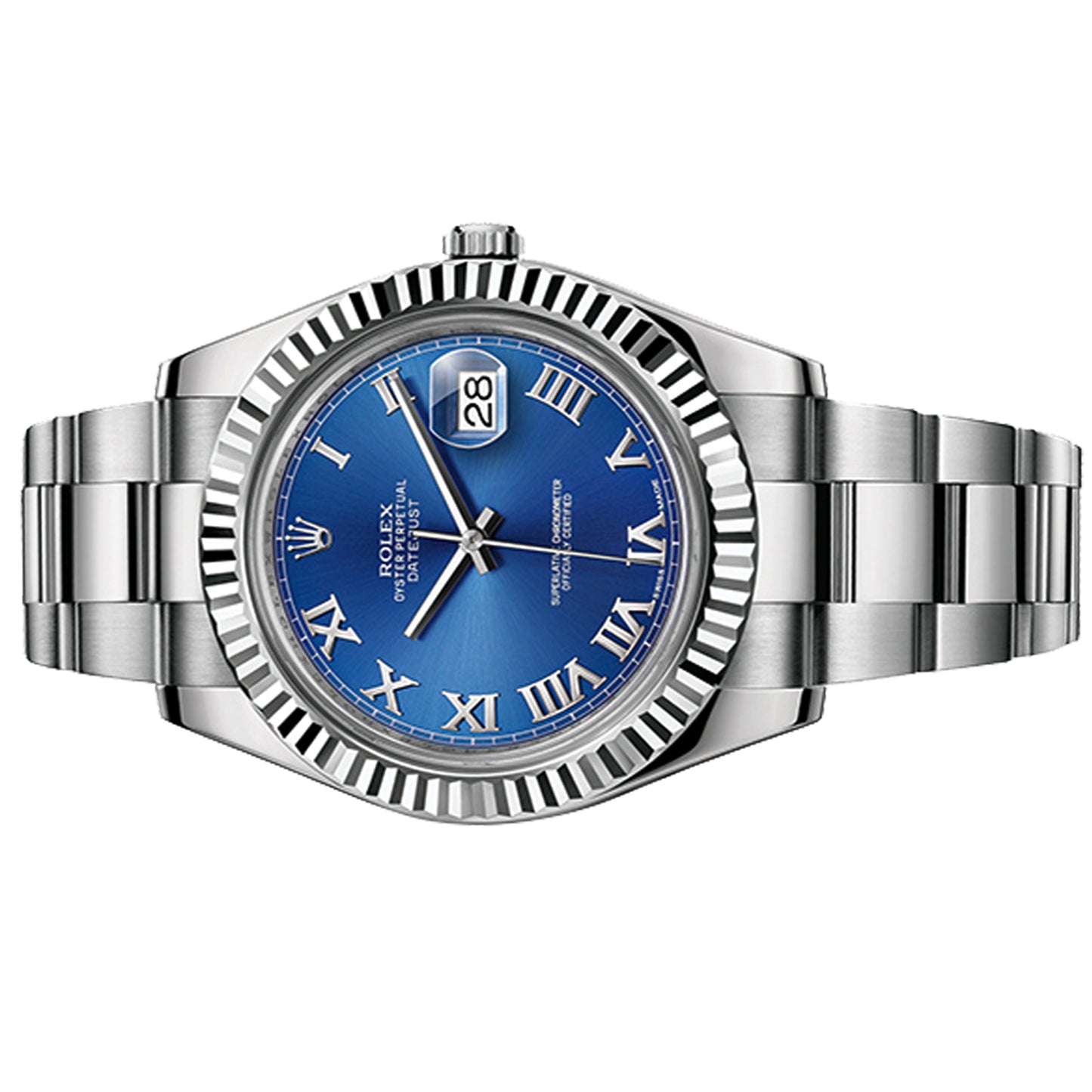 rolex datejust 41mm blue azzurro roman dial 116334 pre-owned