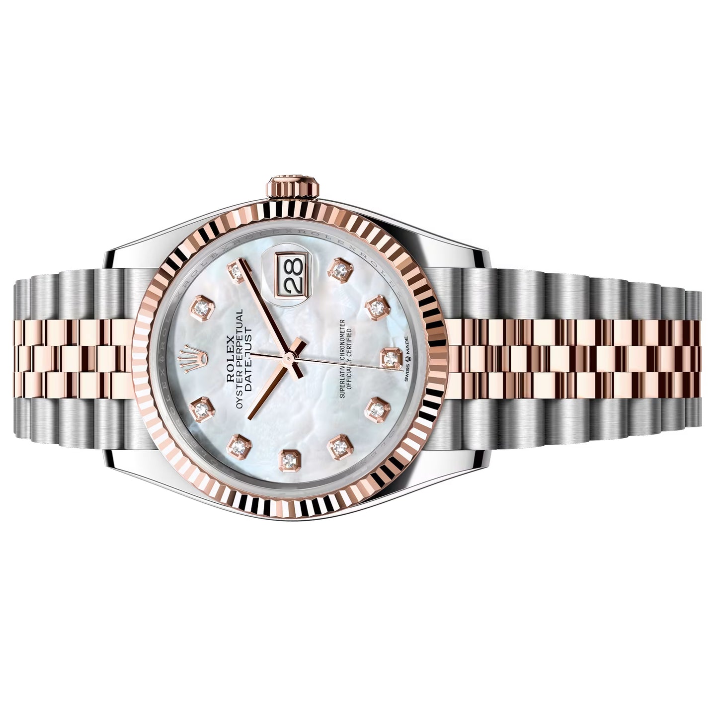 rolex datejust 36mm rosegold  unworn 2025  white mother of peral 'mop' diamond 126231-0021