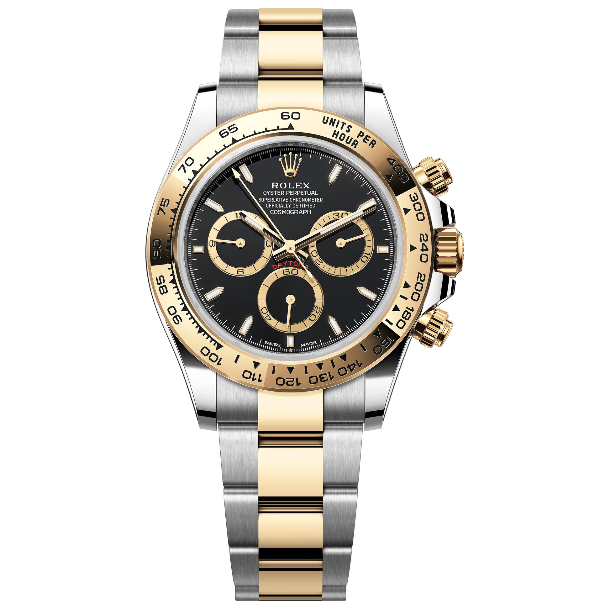Luxury two-tone chronograph watch with gold and stainless steel bracelet, black dial.