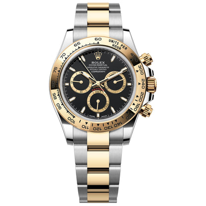 Luxury two-tone chronograph watch with gold and stainless steel bracelet, black dial.
