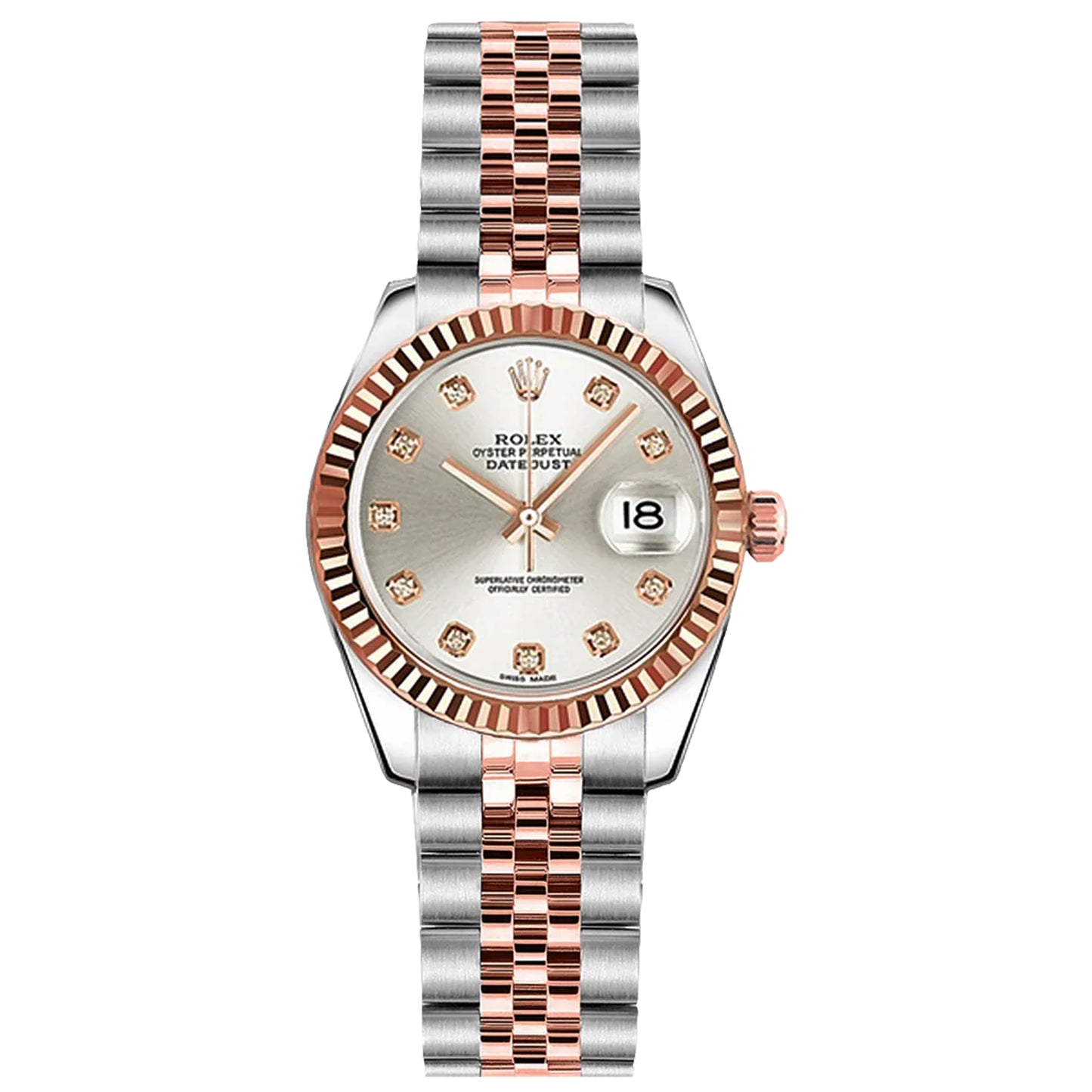 rolex datejust 26mm 179171 rose gold, silver diamond jubilee , pre-owned