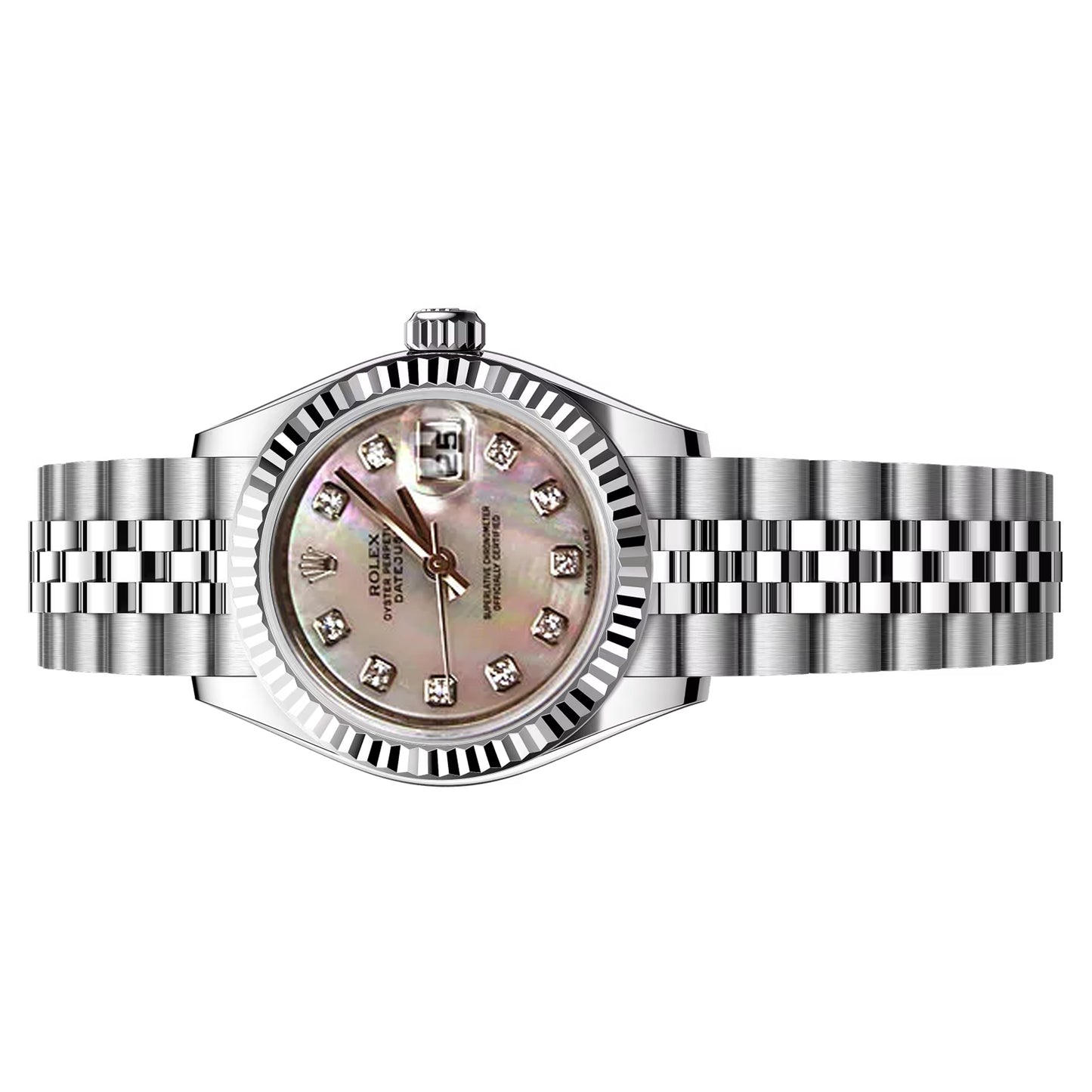 rolex datejust 26mm  white mother of pearl diamond  179174 steel , mop  white gold bezel , pre-owned