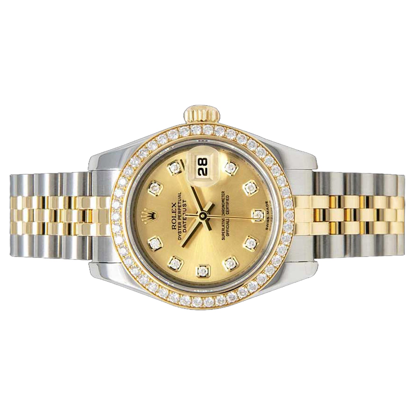 rolex datejust 26mm 179383 champagne diamond bezel  , yellow gold jubilee , pre-owned