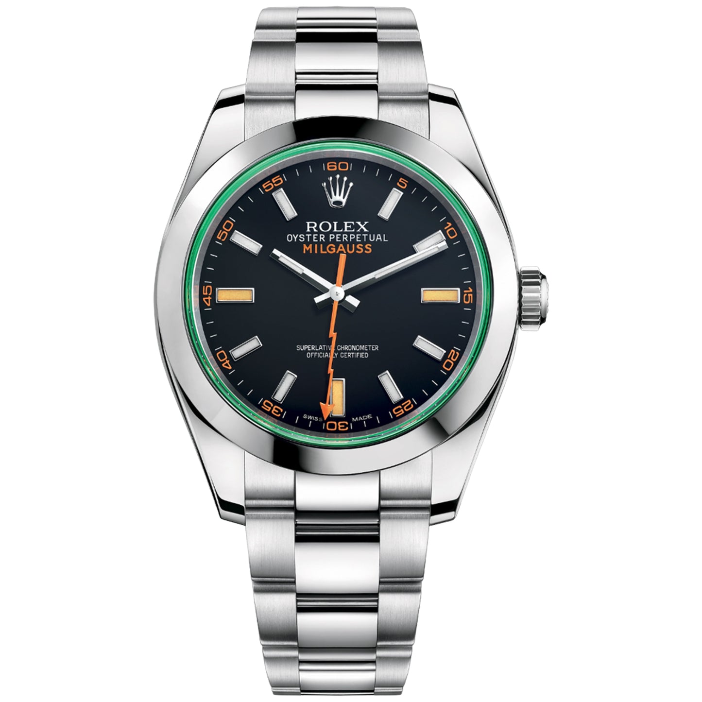 rolex milgauss 40mm 116400gv black dial with green crystal, pre-owned - luxury address watches