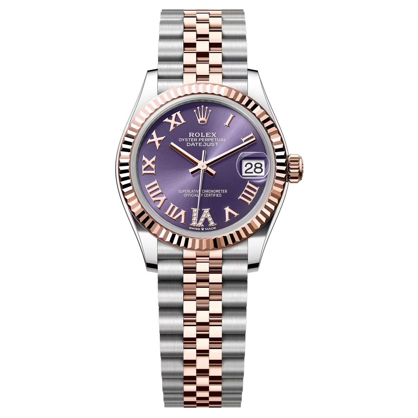 rolex datejust 31mm unworn 2026 purple aubergine no 6 diamond  rose gold 278271-0020