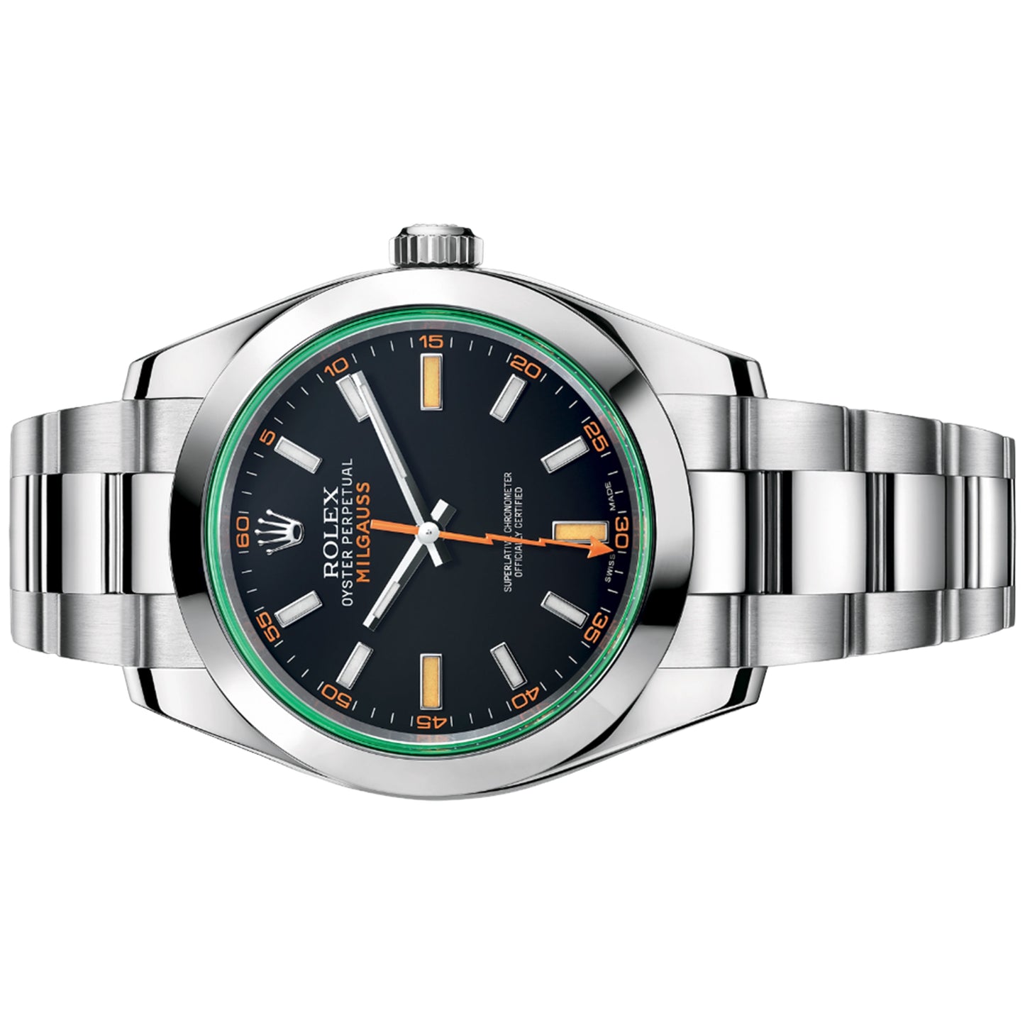 rolex milgauss 40mm 116400gv black dial with green crystal, pre-owned - luxury address watches
