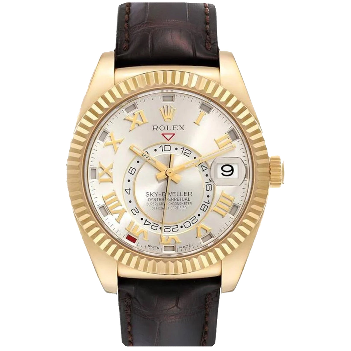 Rolex Sky-Dweller 42mm Silver Leather Strap Full Yellow gold 326138 PreOwned