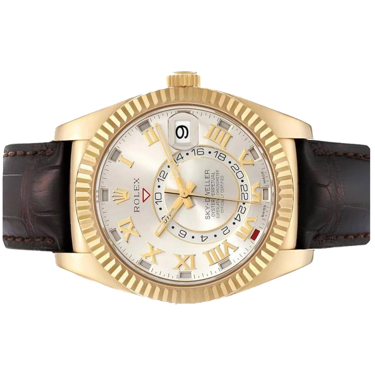 Rolex Sky-Dweller 42mm Silver Leather Strap Full Yellow gold 326138 PreOwned