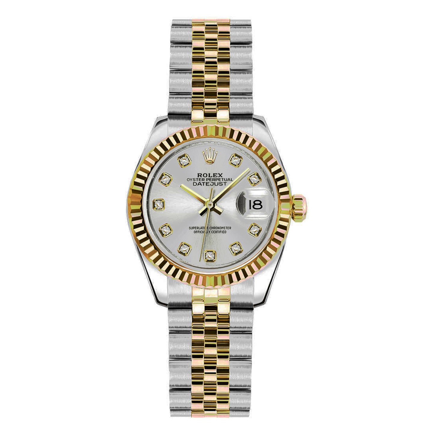rolex datejust 26mm 179173 silver diamond , yellow gold jubilee , pre-owned