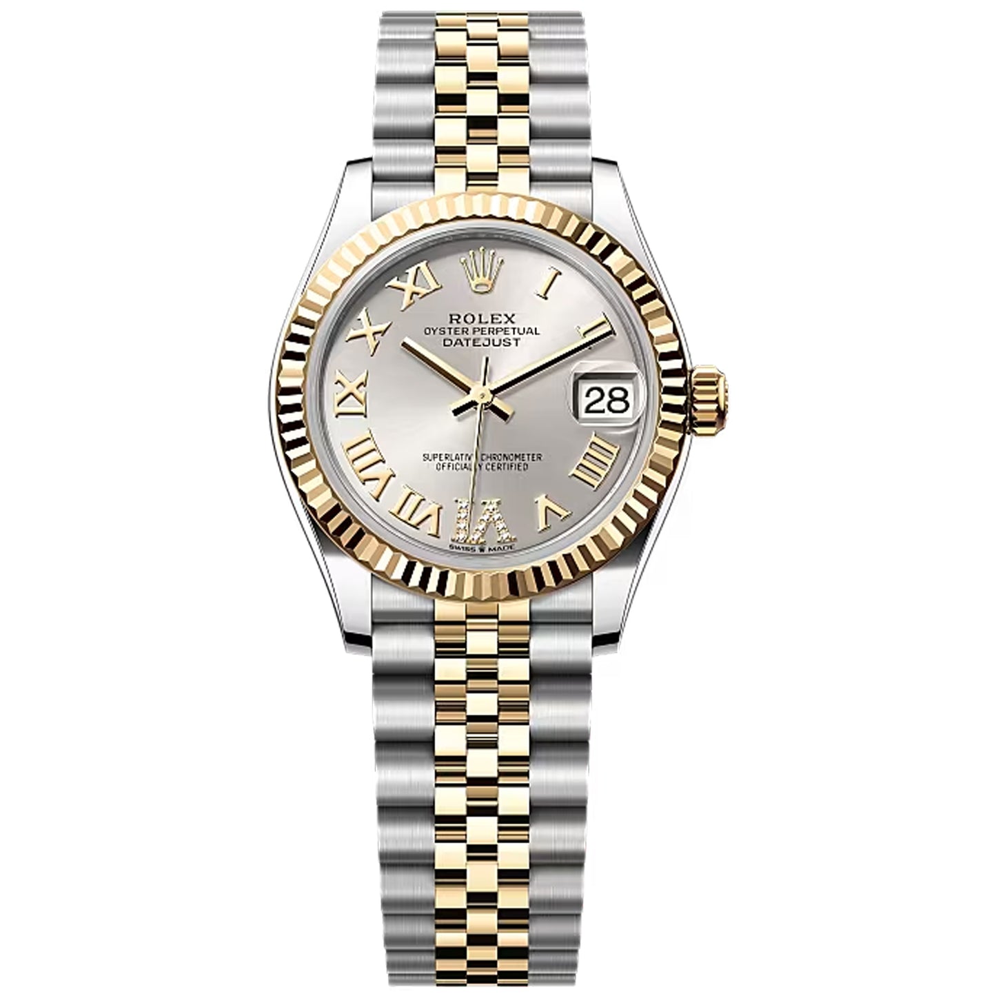 rolex datejust 31mm silver unworn 2025  number 6 diamond yellow gold  31mm 278273-0004