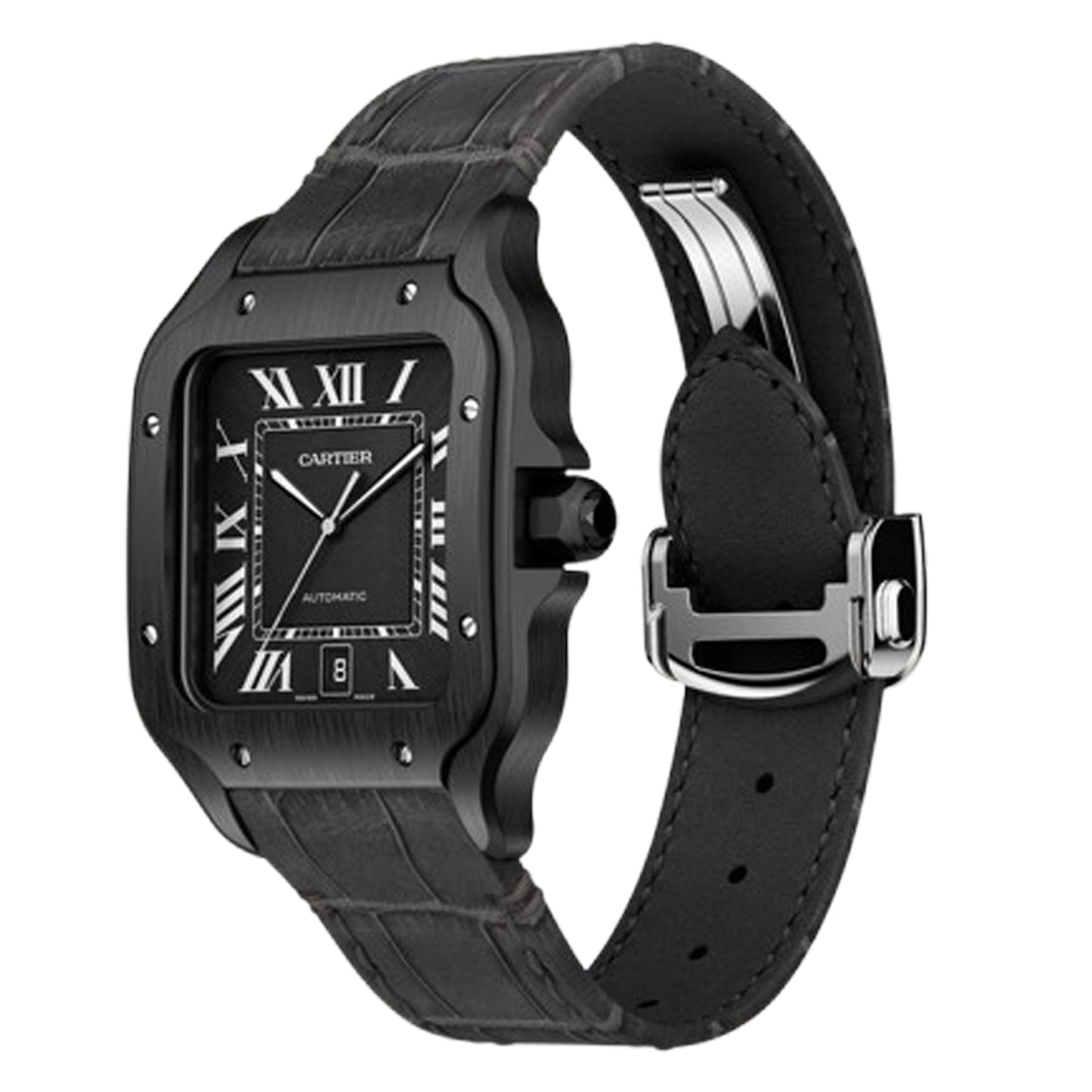 santos de cartier unworn 2025 black adlc black rubber and leather strap size large wssa0039