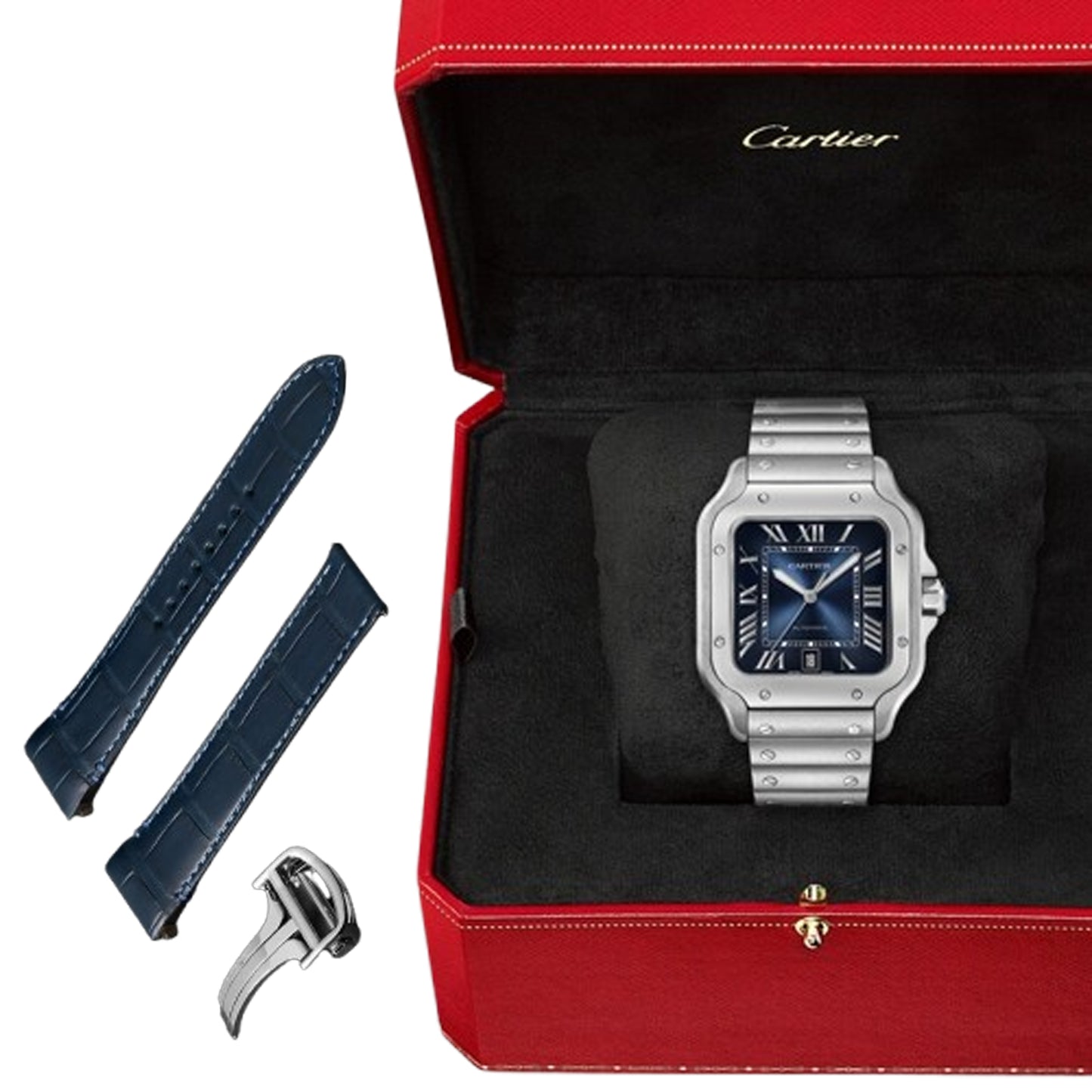 santos de cartier blue roman numerals large size 2025 wssa0071 pre-owned